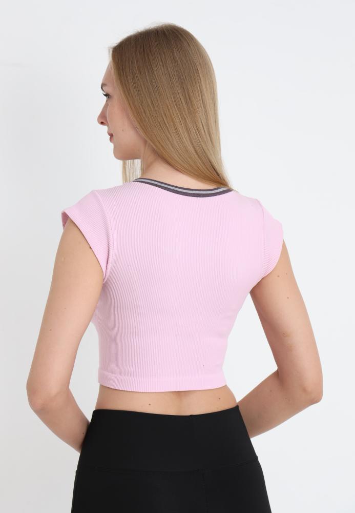 Crop Tricou Damă cu Mânecă Scurtă ,Culoare Roz,Engros